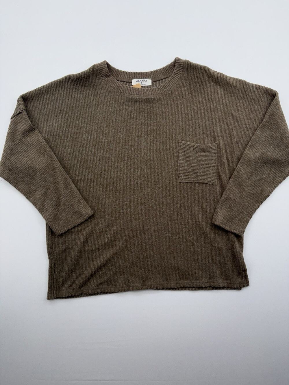 Zenana Sweater Womens Medium Brown Pullover Ribbed Chest Pocket.